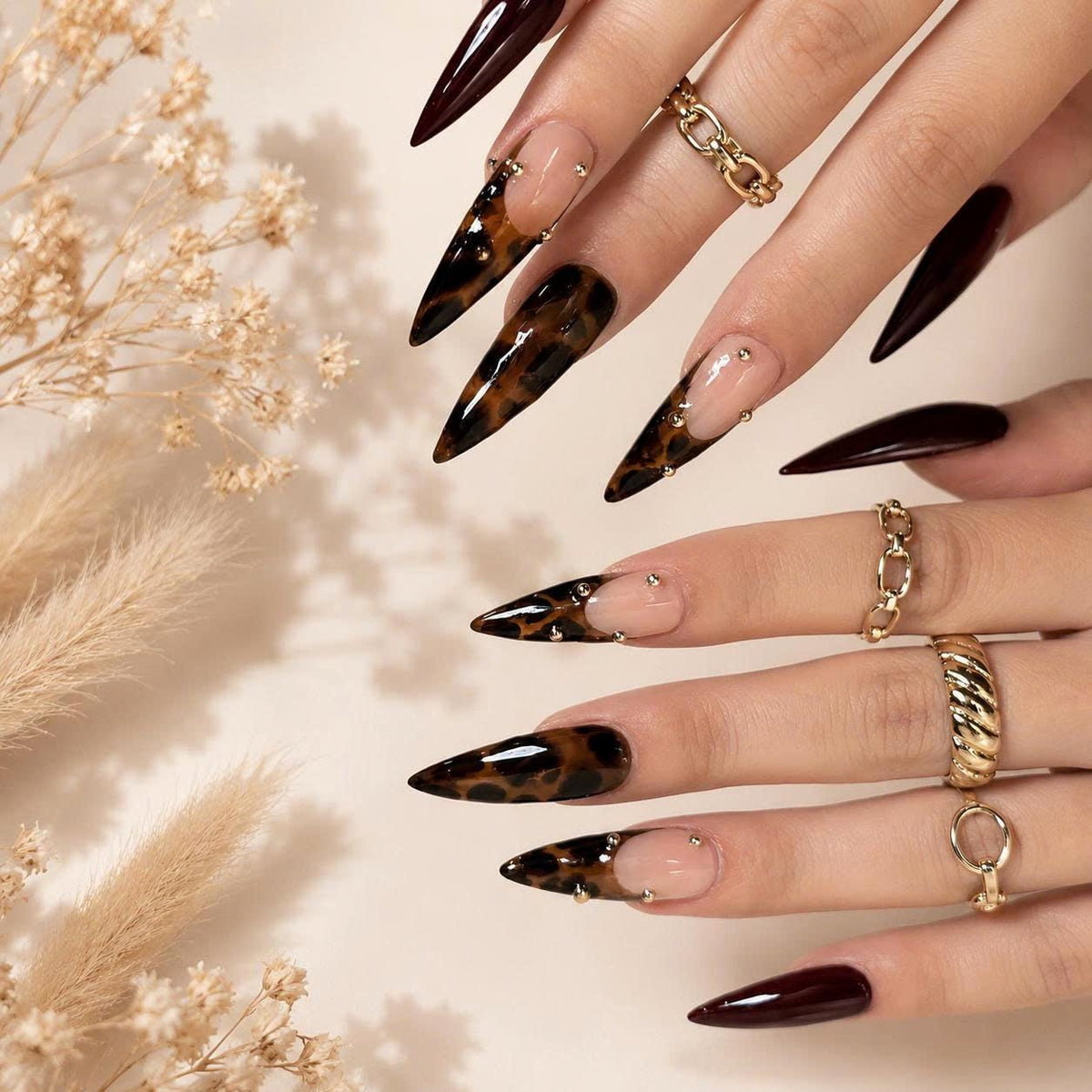 Brown Press-On Nails – Tortoise Shell Y2K – Long Pointed