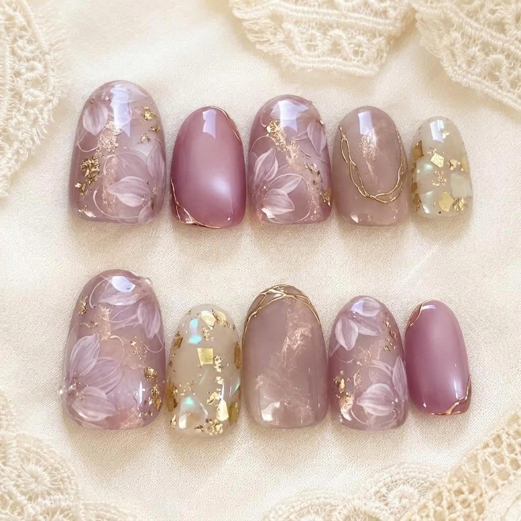 Pink Floral Press-On Nails – Jelly Oval – Gold Foil Flower