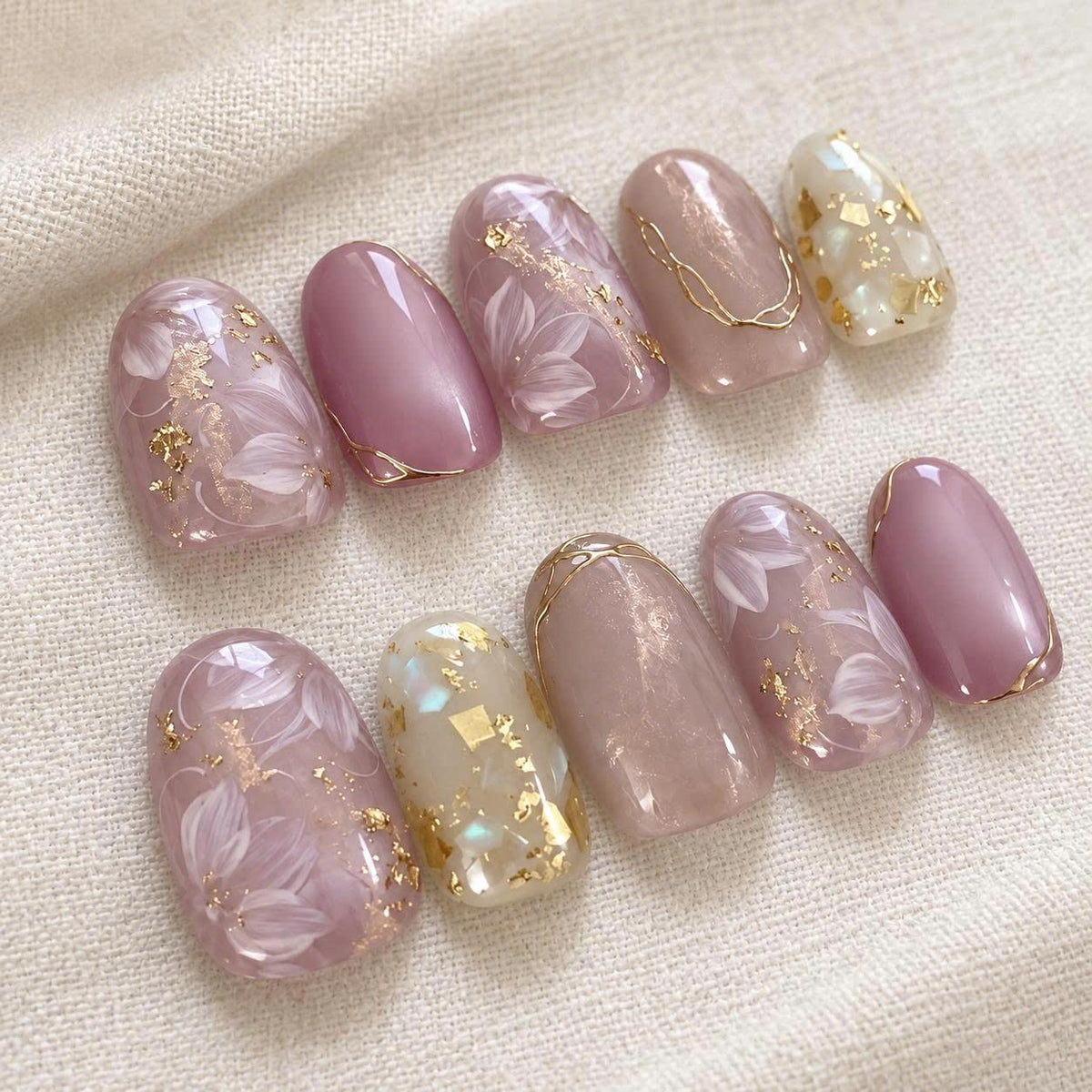 Pink Floral Press-On Nails – Jelly Oval – Gold Foil Flower