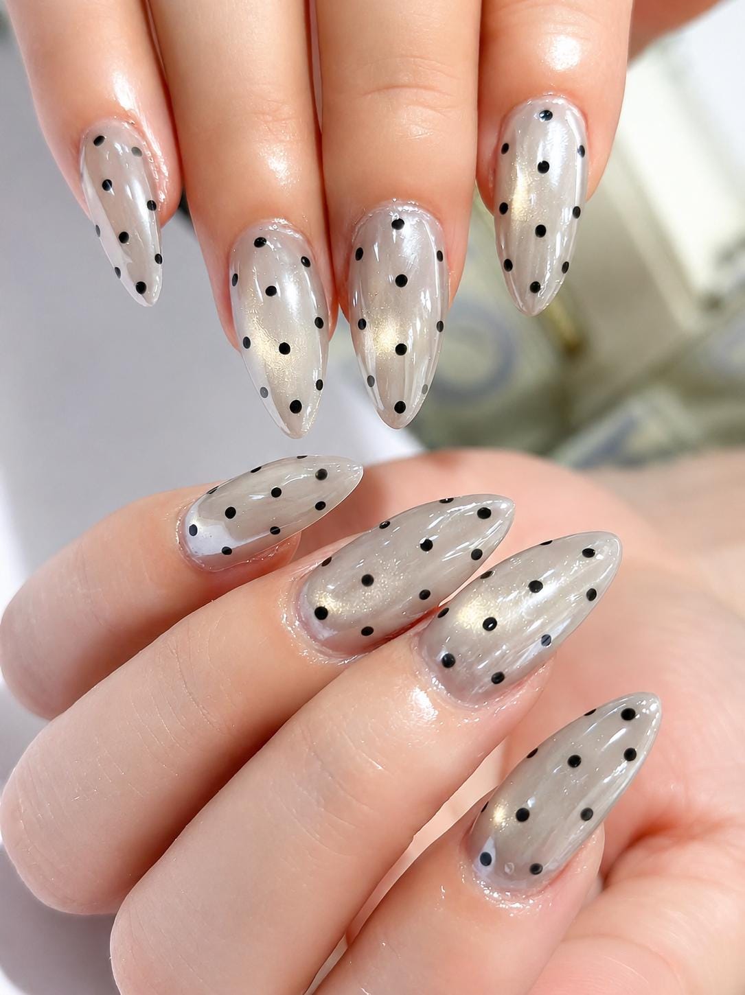 Black Polka Dot Press-On Nails – Cat Eye Long Almond – Minimalist