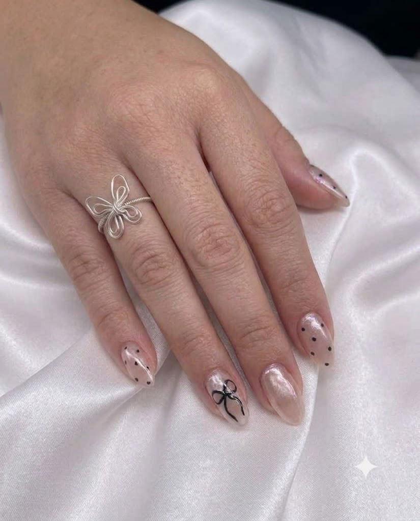Pink Cat Eye Press-On Nails – Black Bow & Polka Dot – Almond