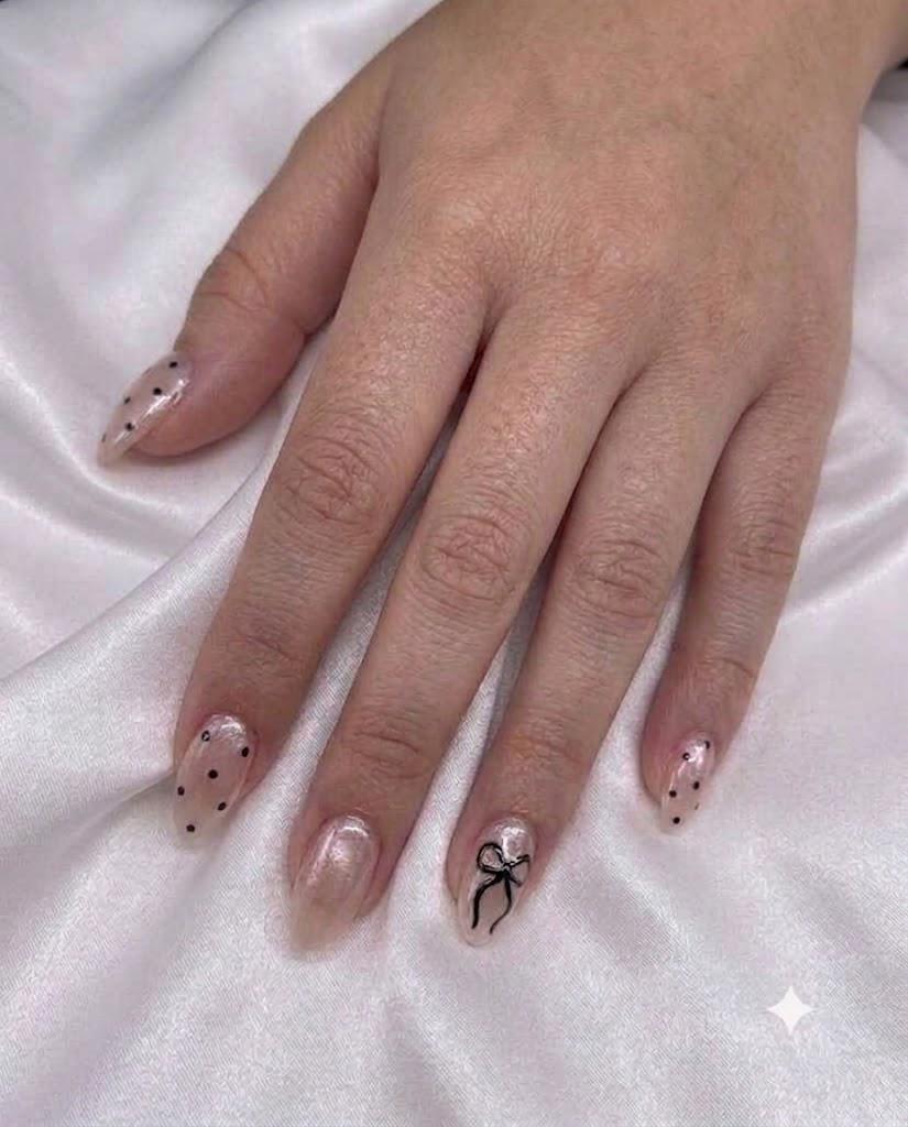 Pink Cat Eye Press-On Nails – Black Bow & Polka Dot – Almond