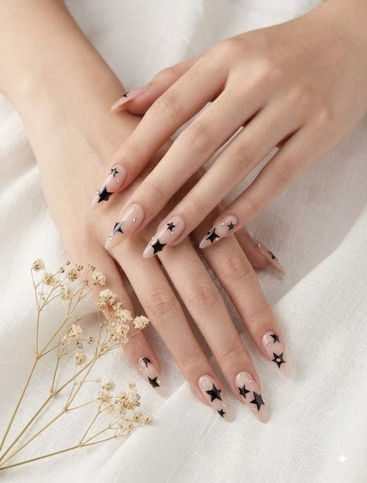 Celestial Press-On Nails – Black Star & Moon Almond – Rhinestone