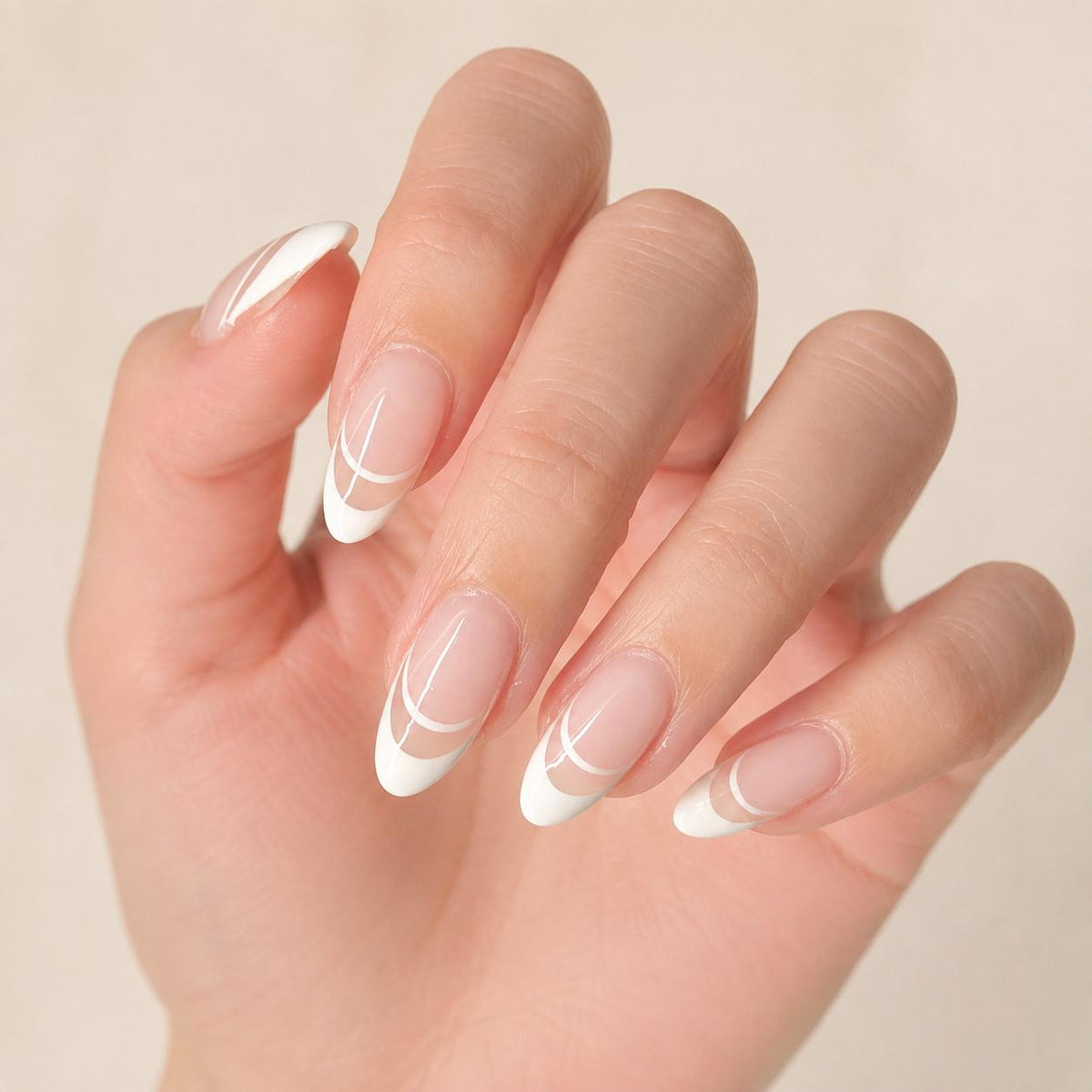French Tip Press-On Nails – Nude Pink Almond – Double French Manicure