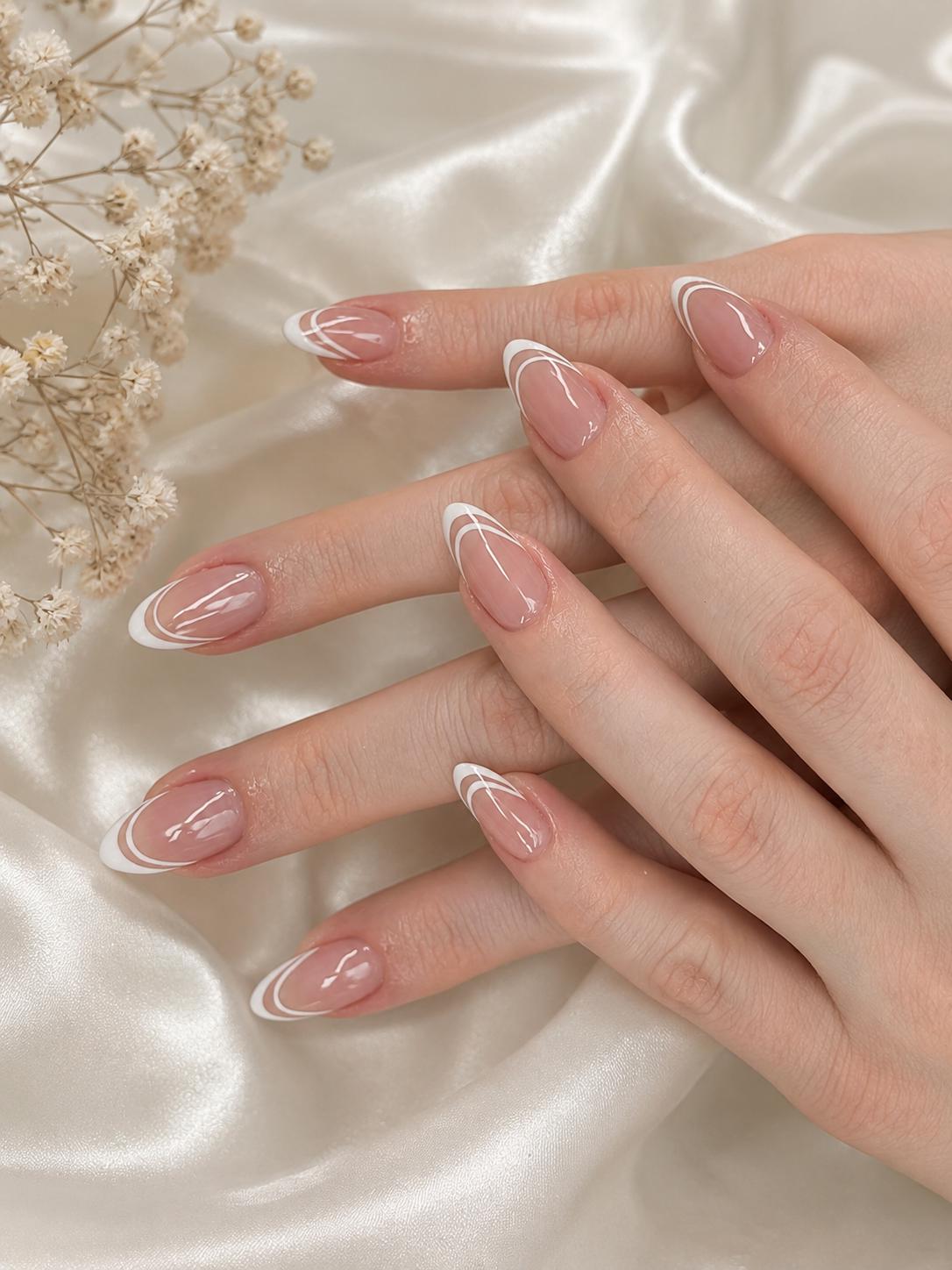 French Tip Press-On Nails – Nude Pink Almond – Double French Manicure