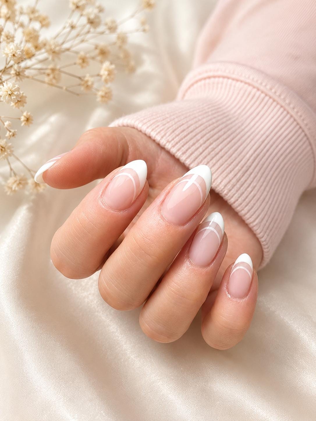 French Tip Press-On Nails – Nude Pink Almond – Double French Manicure