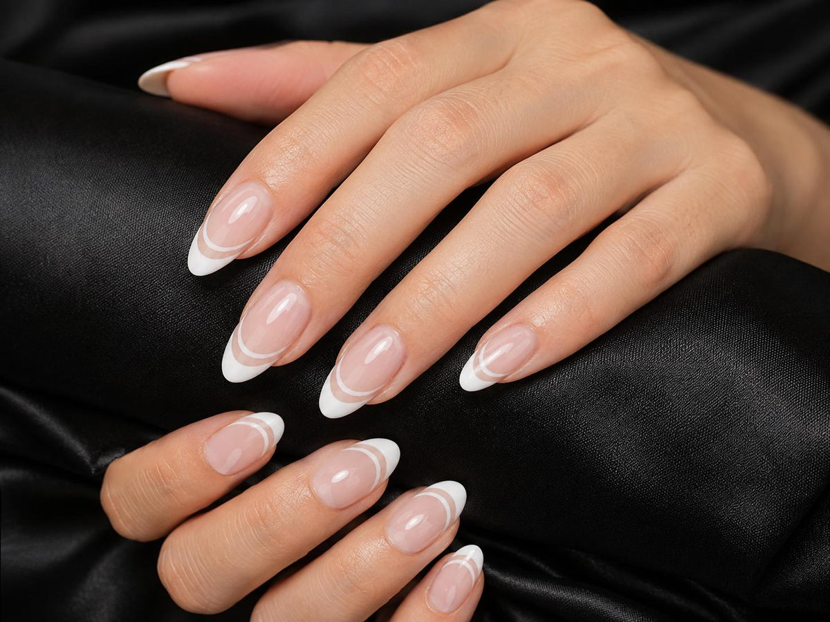 French Tip Press-On Nails – Nude Pink Almond – Double French Manicure