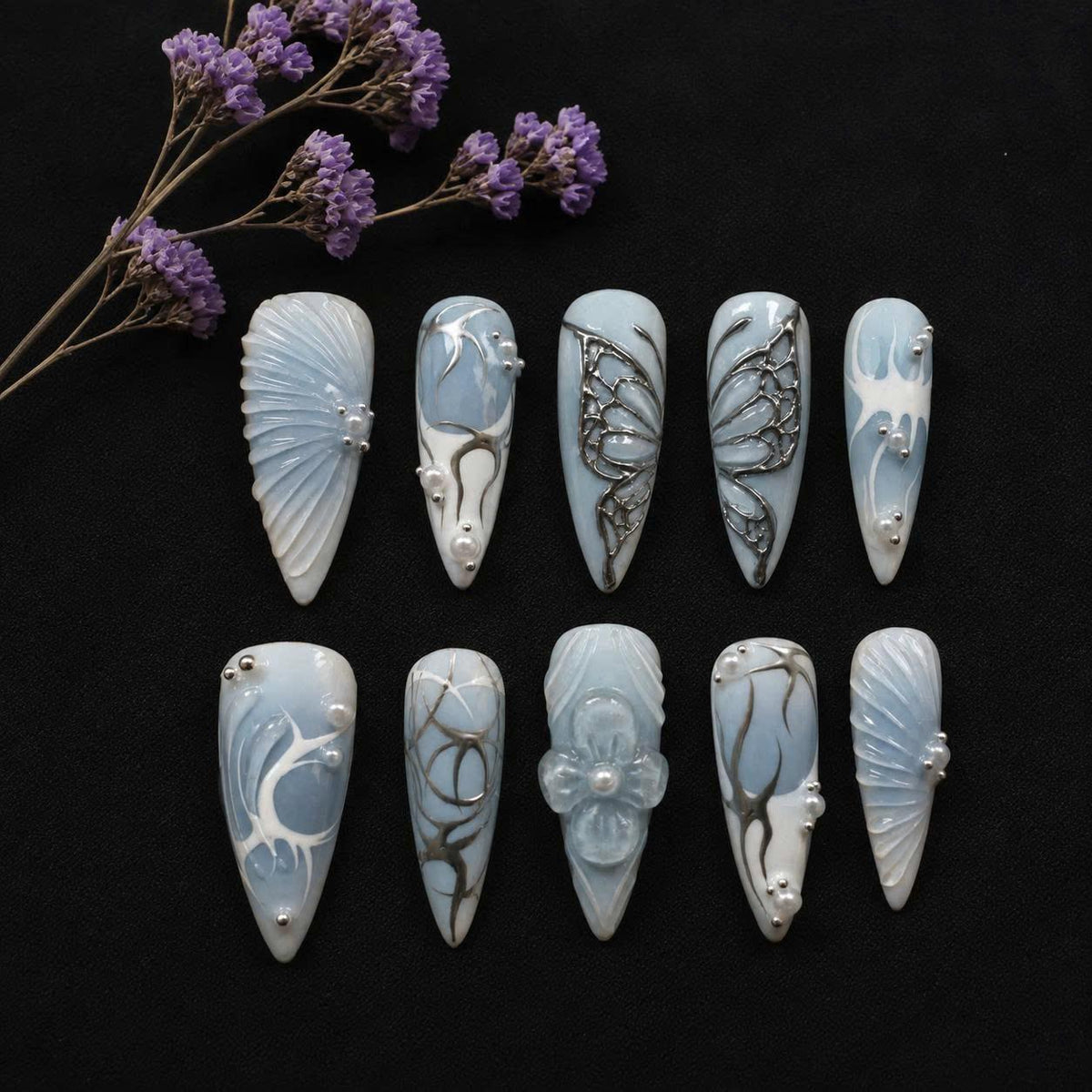 Y2K Cyber Sigilism Press-On Nails – Blue Chrome Butterfly – 3D Metallic Details