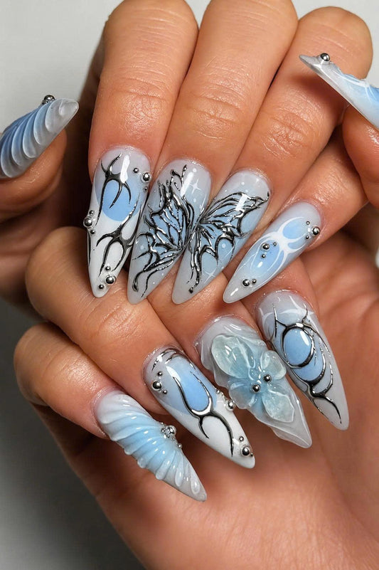 Y2K Cyber Sigilism Press-On Nails – Blue Chrome Butterfly – 3D Metallic Details
