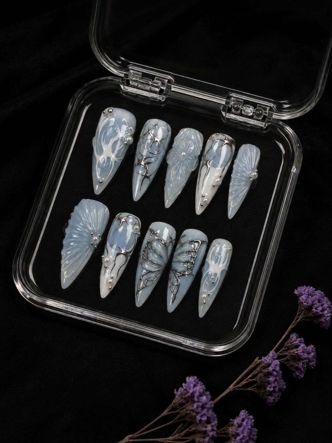 Y2K Cyber Sigilism Press-On Nails – Blue Chrome Butterfly – 3D Metallic Details
