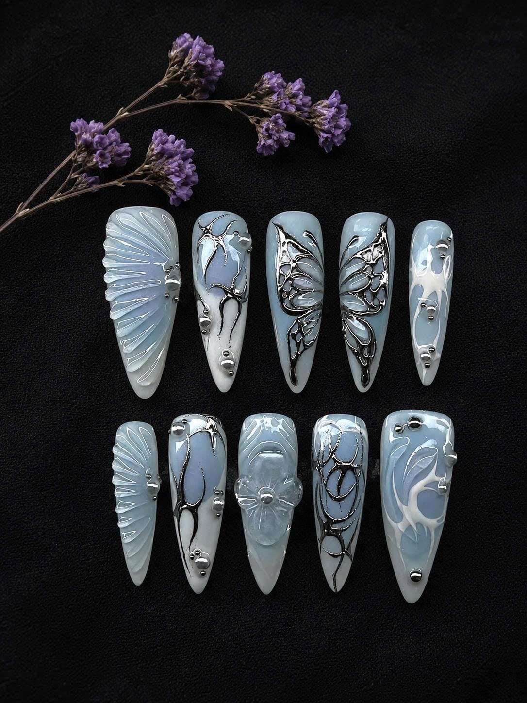 Y2K Cyber Sigilism Press-On Nails – Blue Chrome Butterfly – 3D Metallic Details