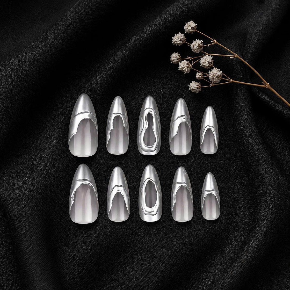 Silver Chrome Press-On Nails – 3D Abstract Metallic – Medium Almond