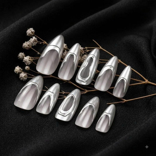 Silver Chrome Press-On Nails – 3D Abstract Metallic – Medium Almond