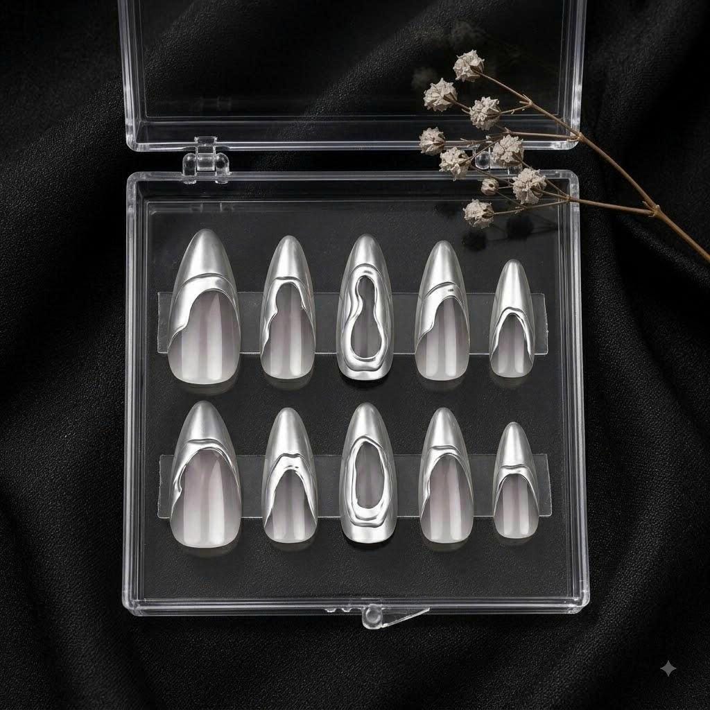 Silver Chrome Press-On Nails – 3D Abstract Metallic – Medium Almond