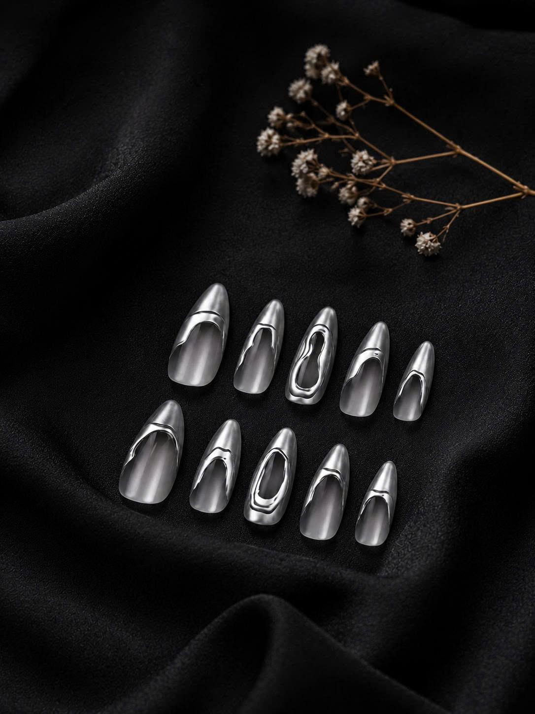 Silver Chrome Press-On Nails – 3D Abstract Metallic – Medium Almond