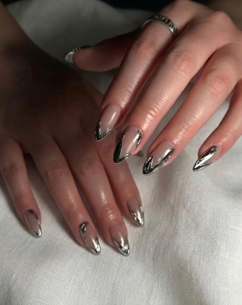 Silver Chrome French Press-On Nails – Almond Metallic – Modern Mirror French Tips
