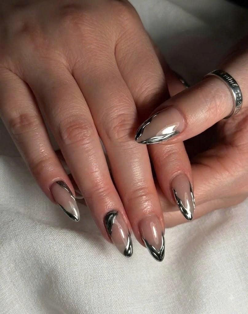 Silver Chrome French Press-On Nails – Almond Metallic – Modern Mirror French Tips