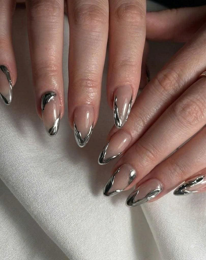 Silver Chrome French Press-On Nails – Almond Metallic – Modern Mirror French Tips