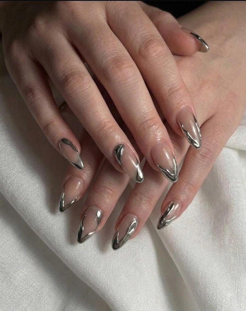 Silver Chrome French Press-On Nails – Almond Metallic – Modern Mirror French Tips