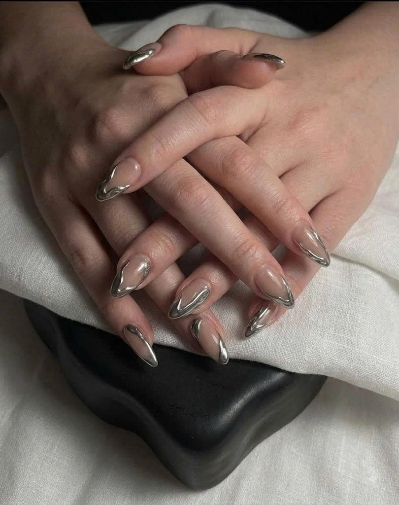 Silver Chrome French Press-On Nails – Almond Metallic – Modern Mirror French Tips
