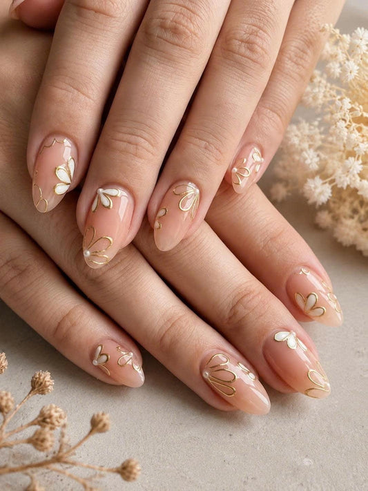 Butterfly Press-On Nails – Nude Almond – Gold Floral Details