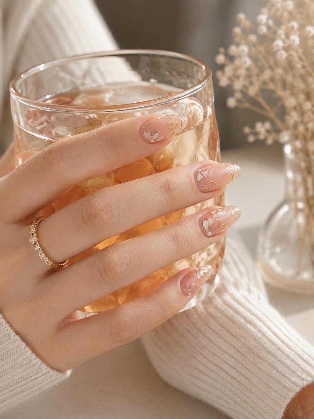 Butterfly Press-On Nails – Nude Almond – Gold Floral Details
