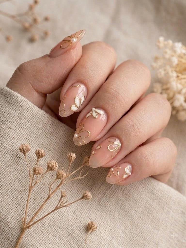 Butterfly Press-On Nails – Nude Almond – Gold Floral Details