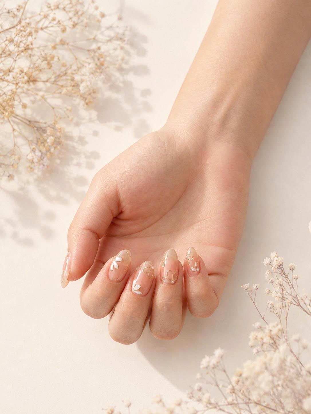Butterfly Press-On Nails – Nude Almond – Gold Floral Details