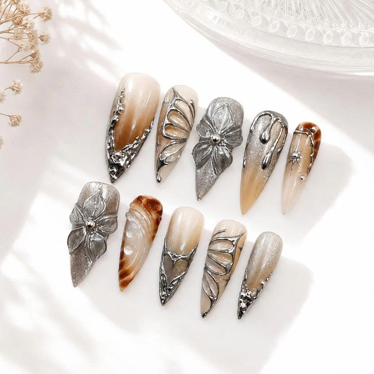 Y2K Press-On Nails – Brown Nude Chrome – 3D Silver Butterfly