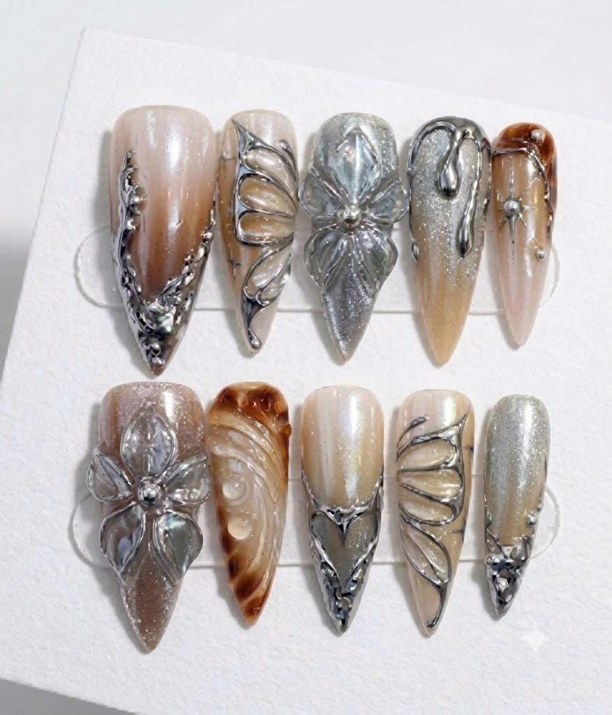 Y2K Press-On Nails – Brown Nude Chrome – 3D Silver Butterfly