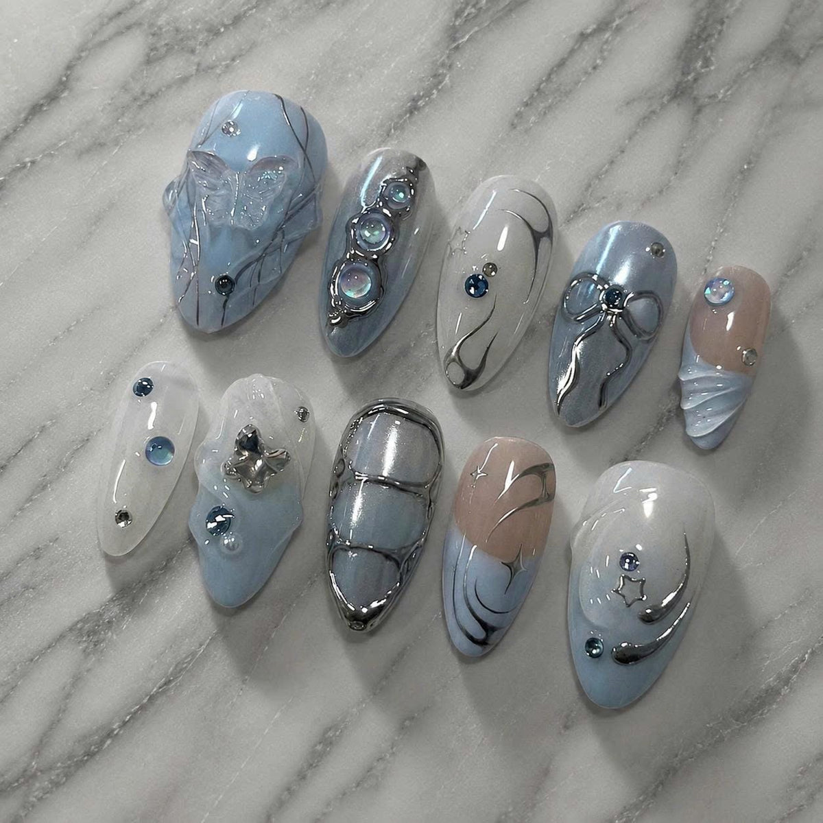 Blue Press-On Nails – Y2K Chrome – 3D Bow