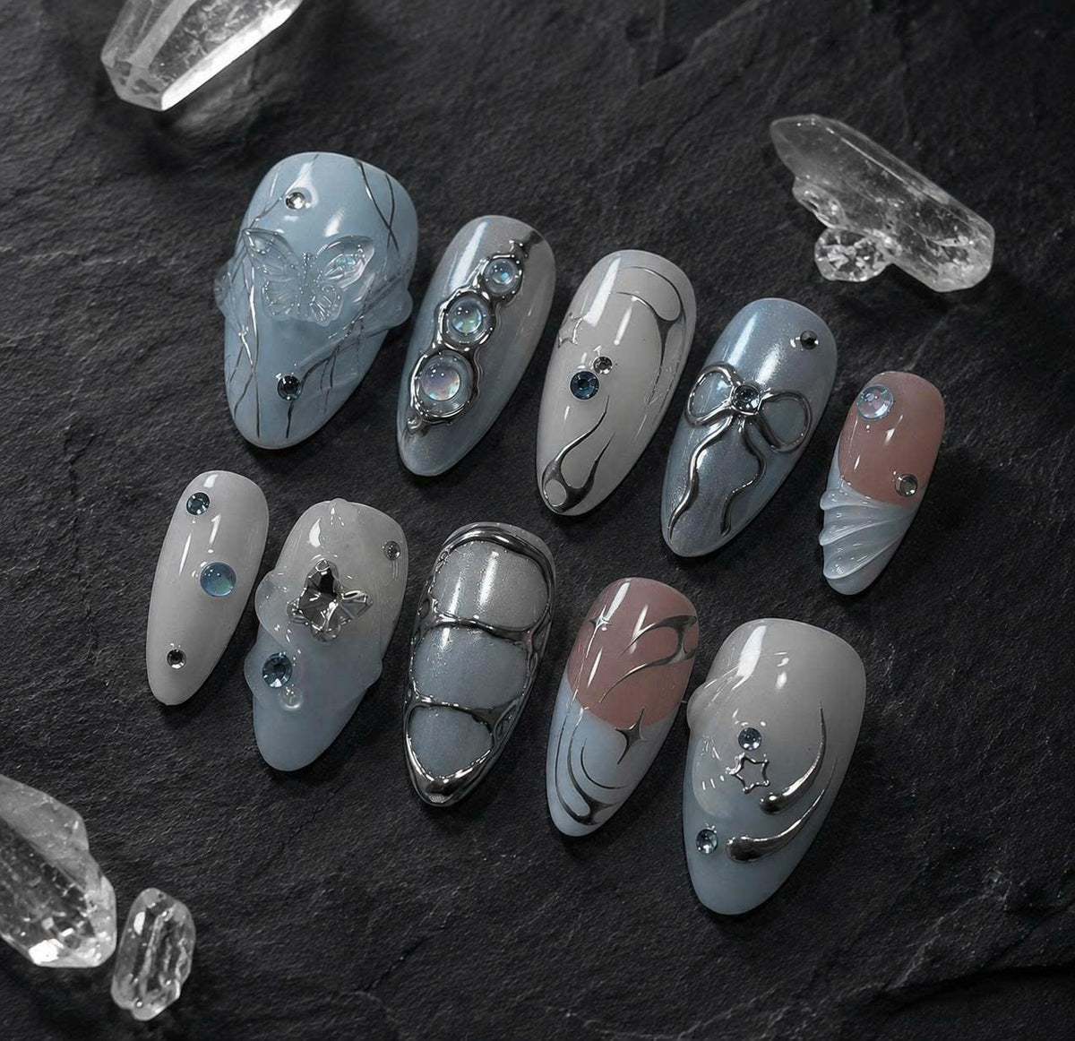 Blue Press-On Nails – Y2K Chrome – 3D Bow