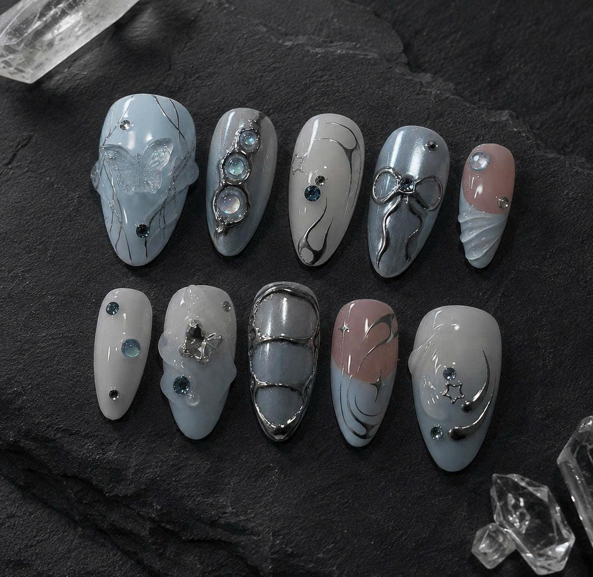 Blue Press-On Nails – Y2K Chrome – 3D Bow
