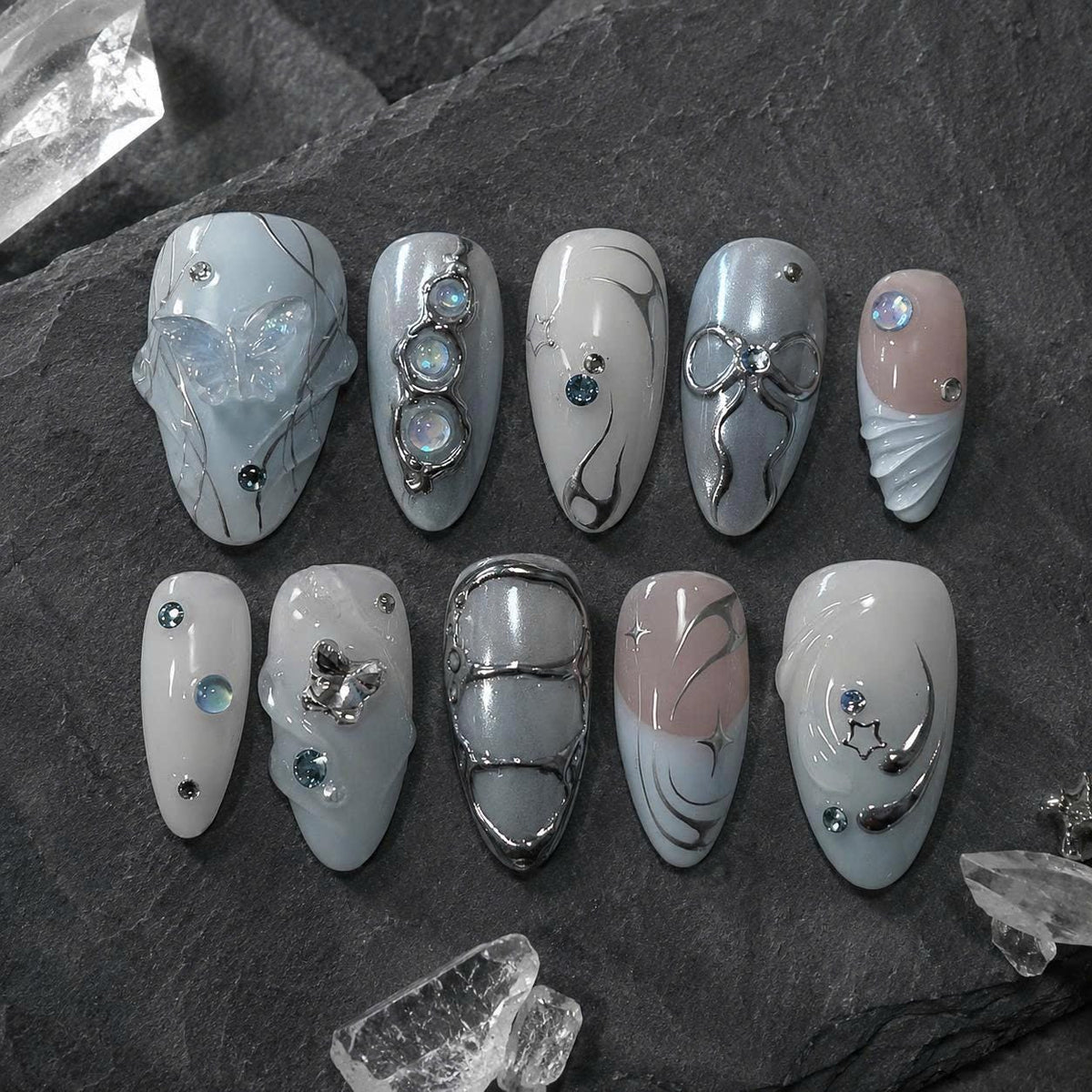 Blue Press-On Nails – Y2K Chrome – 3D Bow