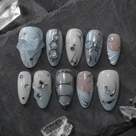 Blue Press-On Nails – Y2K Chrome – 3D Bow