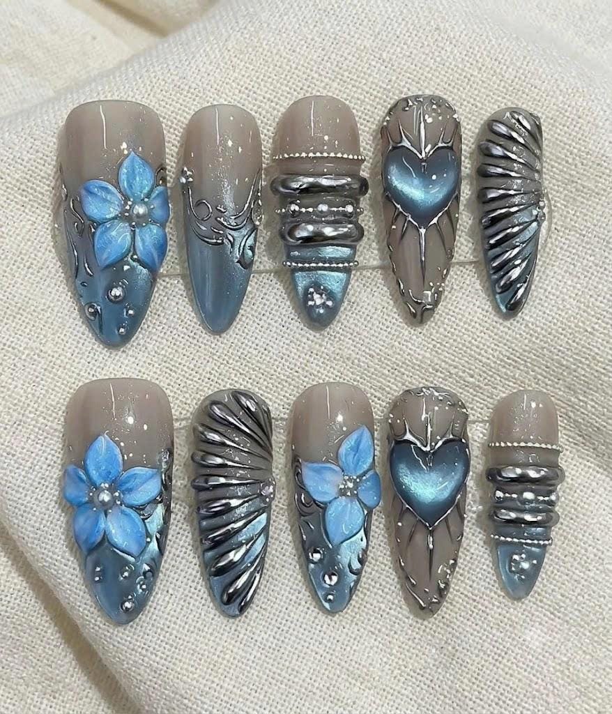 Blue Press-On Nails – Y2K Chrome – 3D Flower
