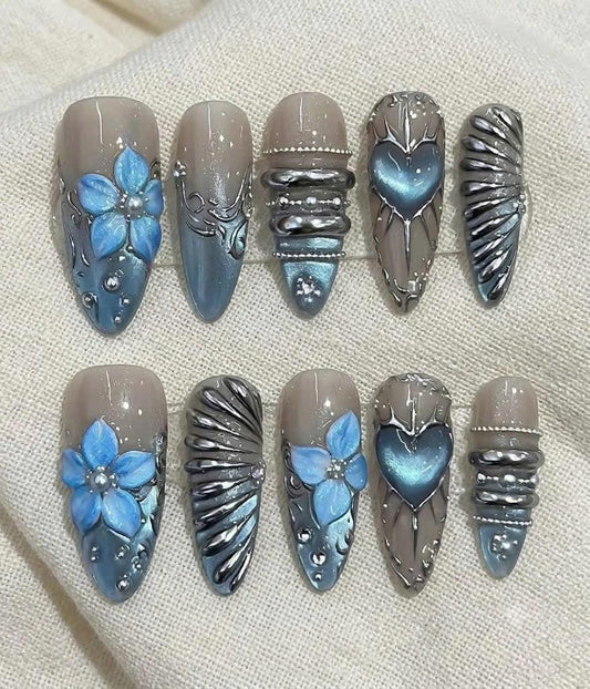 Blue Press-On Nails – Y2K Chrome – 3D Flower
