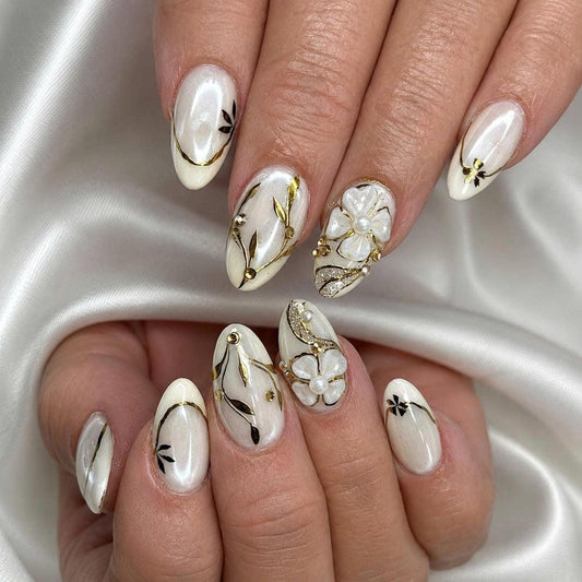 White Floral Press-On Nails – 3D Flower – Gold Chrome Almond