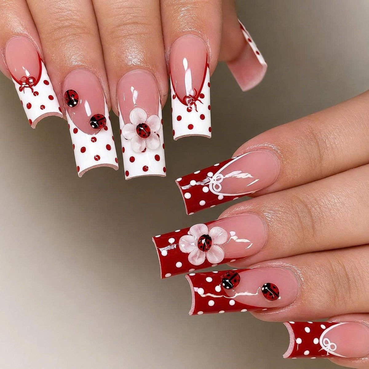 Ladybug Press-On Nails – Red French Tip – 3D Flower Details