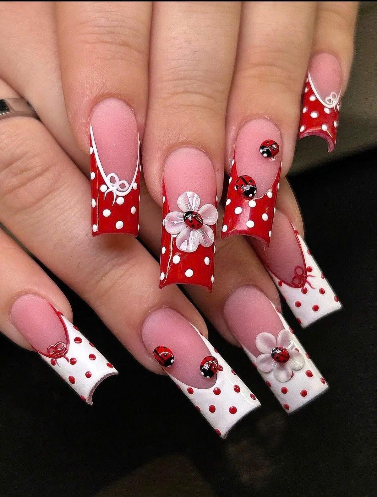 Ladybug Press-On Nails – Red French Tip – 3D Flower Details