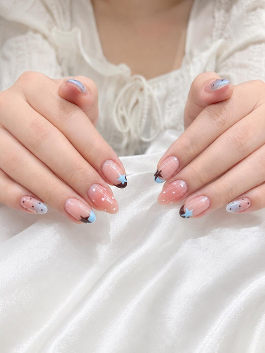 Pink Press-On Nails – Blue Star – Short Almond