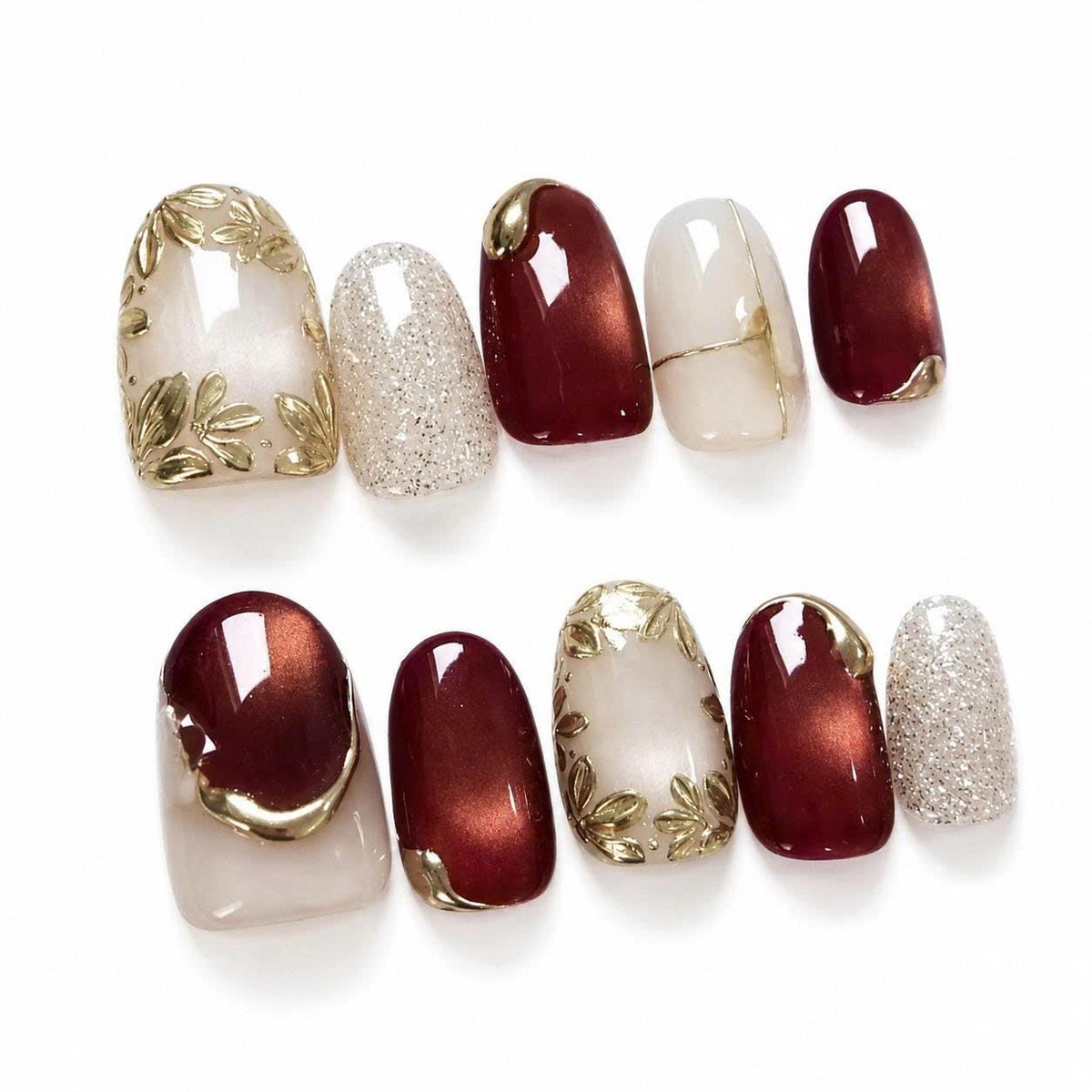 Burgundy Cat Eye Press-On Nails – Gold Floral – Wine Red