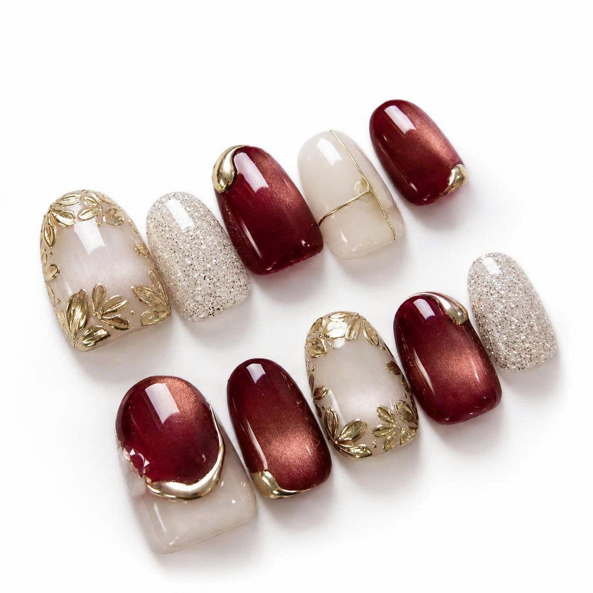 Burgundy Cat Eye Press-On Nails – Gold Floral – Wine Red