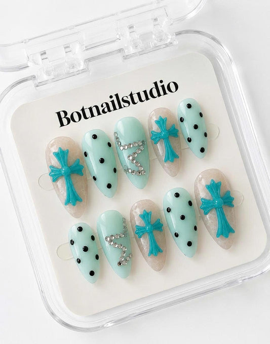 Tiffany Blue Press-On Nails – 3D Cross – Polka Dot
