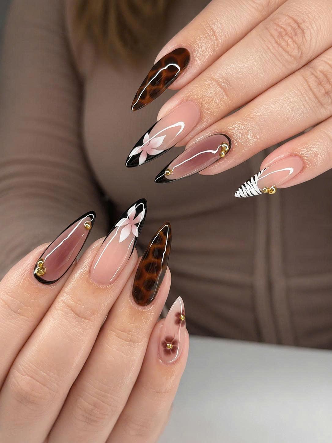 Tortoiseshell Press-On Nails – Brown French Tip – Long Almond