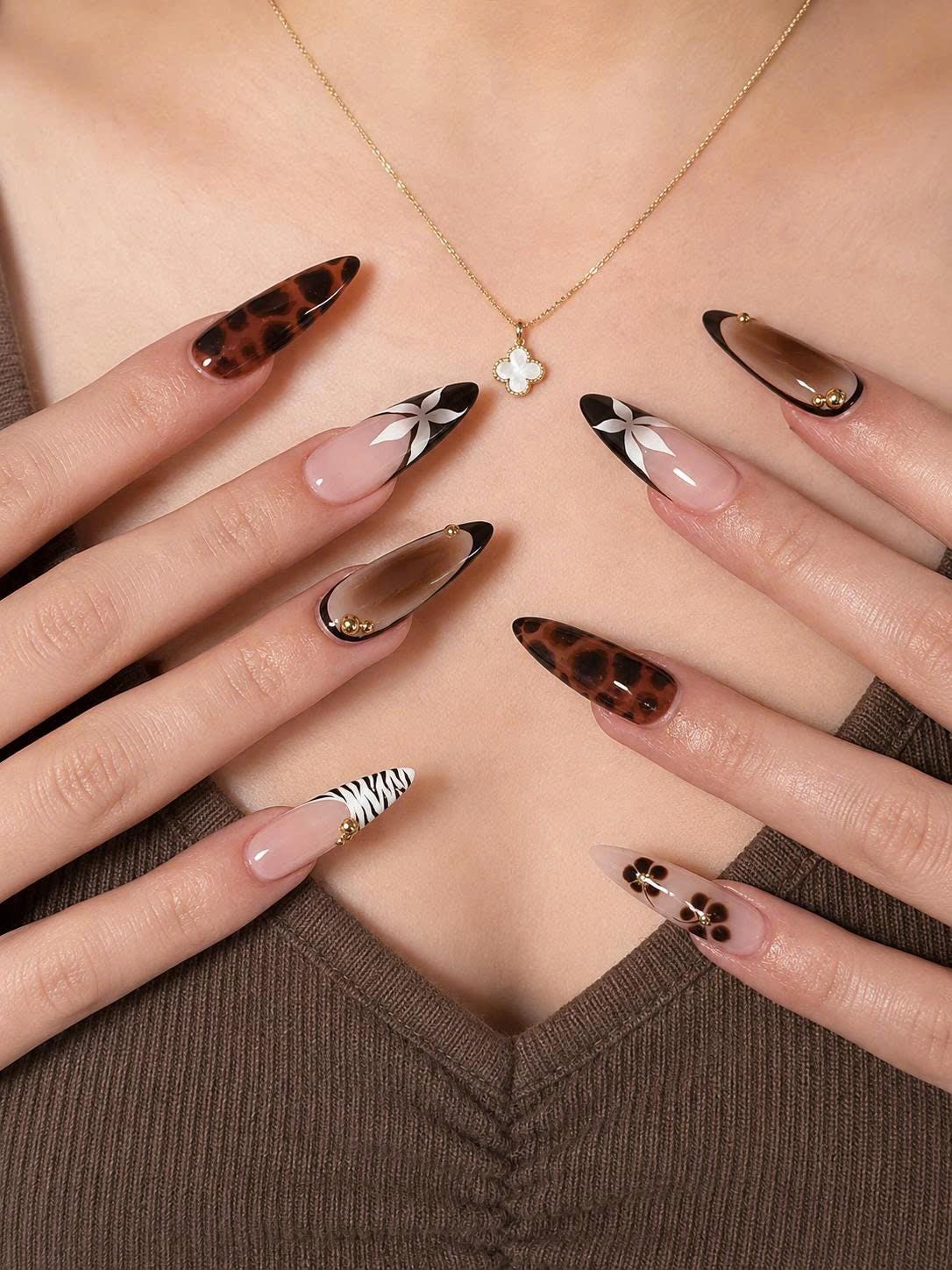 Tortoiseshell Press-On Nails – Brown French Tip – Long Almond