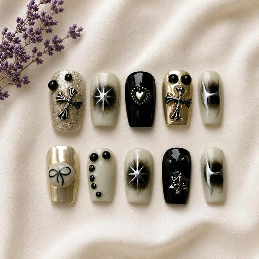 Gothic Press-On Nails – Black Cross – Silver Chrome