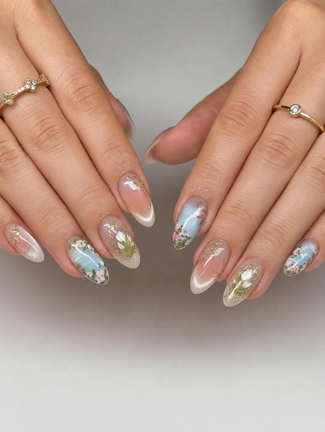 Floral Press-On Nails – Almond French Tip – Blue Flower