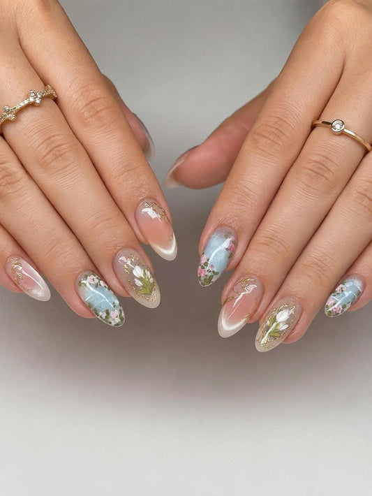Floral Press-On Nails – Almond French Tip – Blue Flower