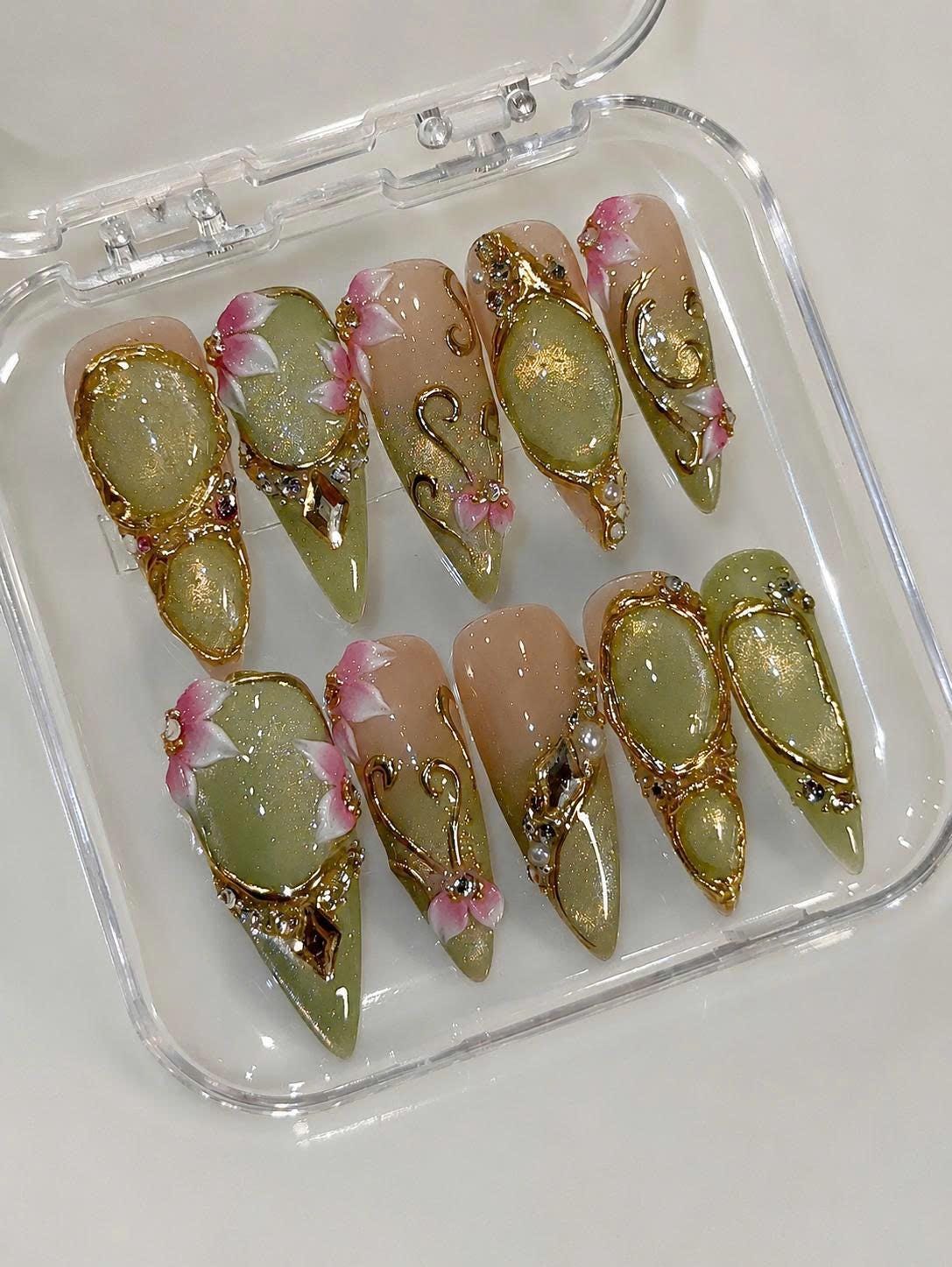 Olive Green Cat Eye Press-On Nails – 3D Floral – Gold Chrome Details